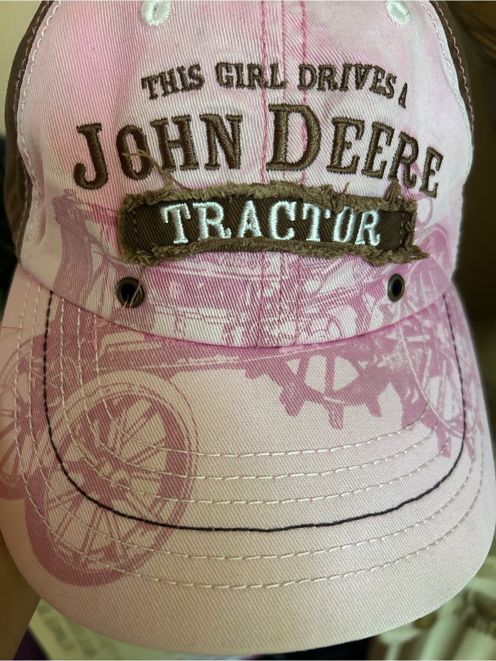 John Deere Pink and Brown Trucker-Style Cap with Tractor Patch